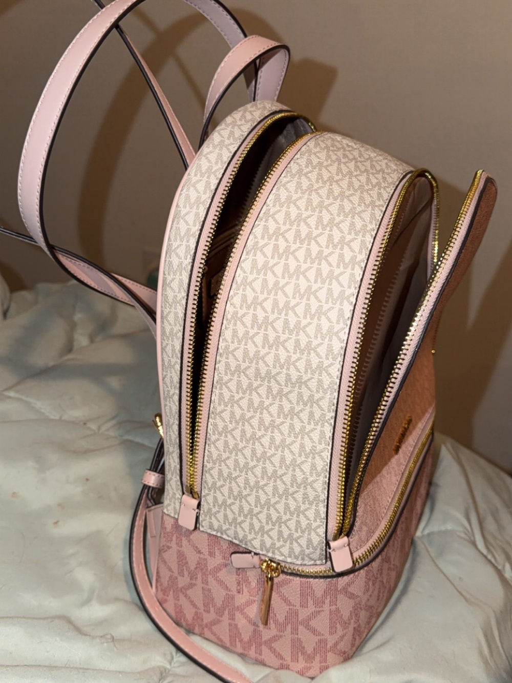 Michael Kors Pink and Cream Signature Mini Backpack